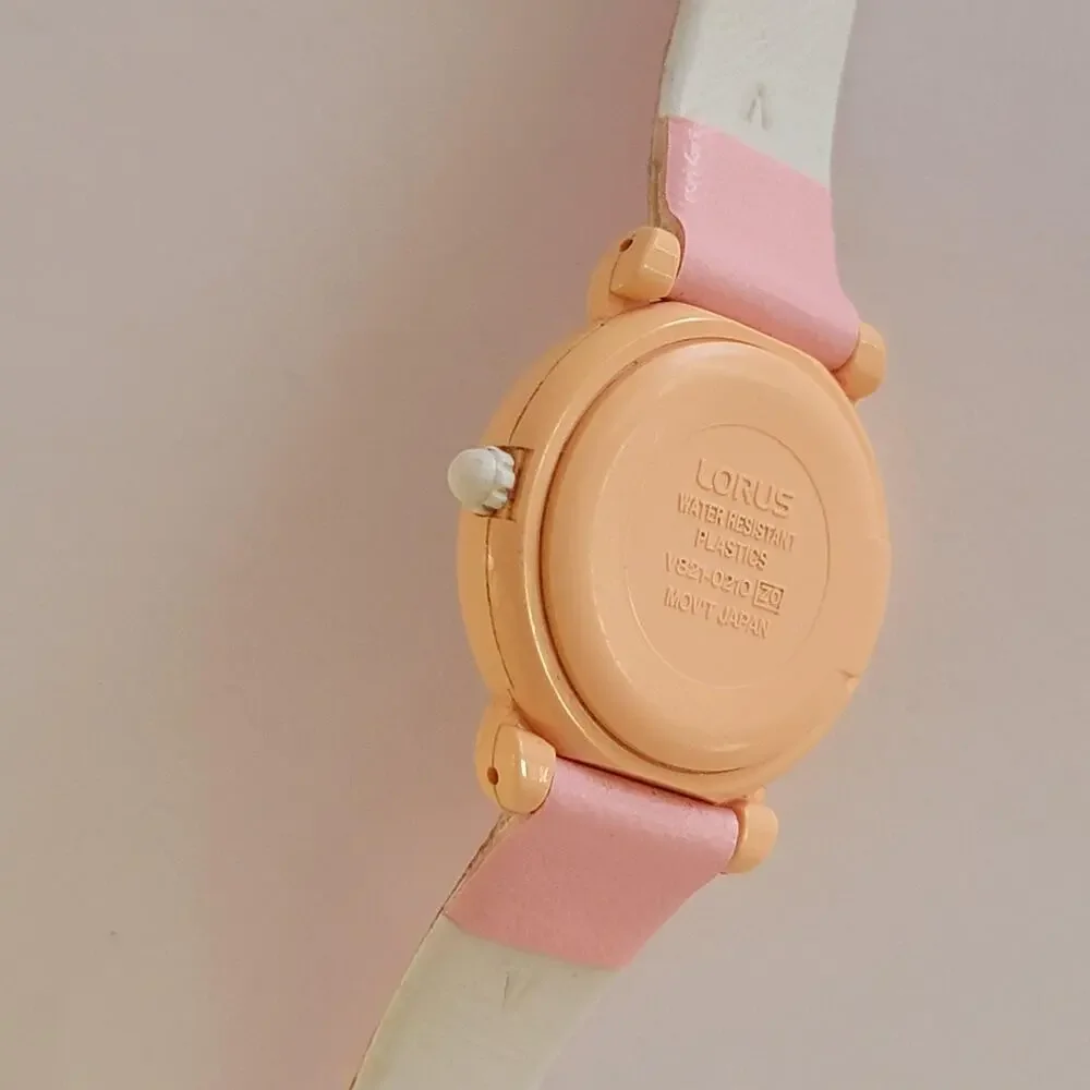 Girls Watch White Dial Orange Case Pink Faux Leather Band Lorus Quartz V821-0210